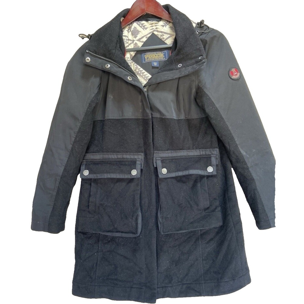 Pendleton Parka Hooded Women's Jacket Wool Vtg Geo Lining Black XS GUC